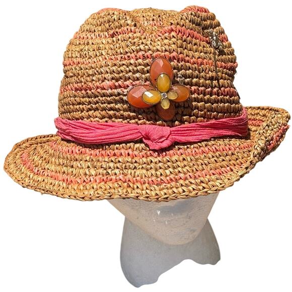 Roxy Accessories - Tan & Pink Floral Roxy Sun Hat